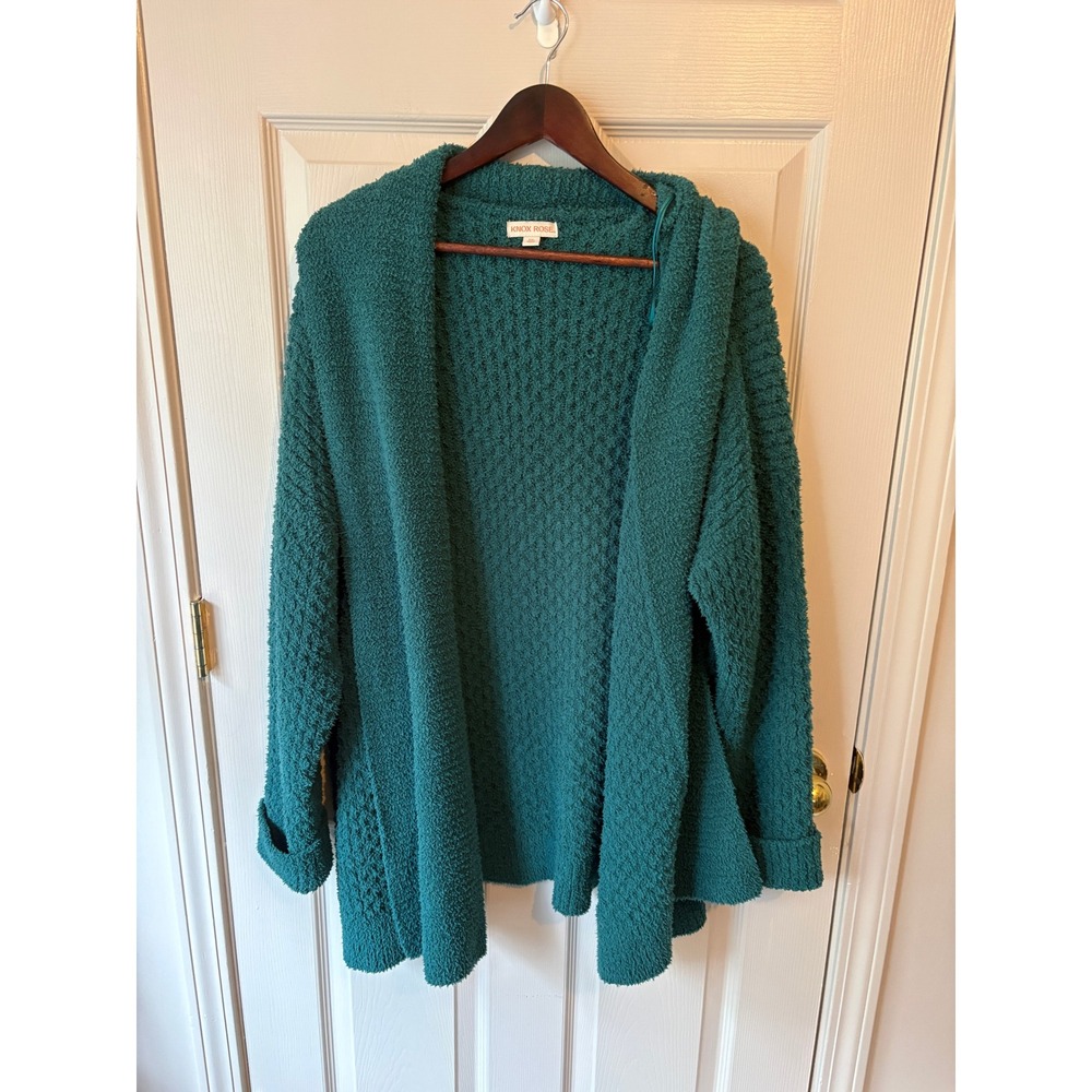 Knox Rose Cardigan Women XXL Teal Green Popcorn Knit Open Front Sweater Boho